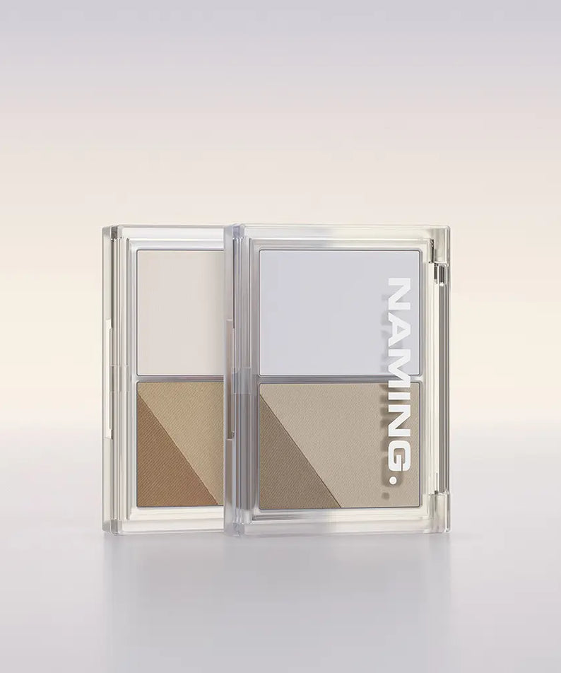 NAMING Fluffy Volume & Shading Duo, duo de couleurs maquillage, dans un boîtier transparent sur fond clair, marque NAMING.