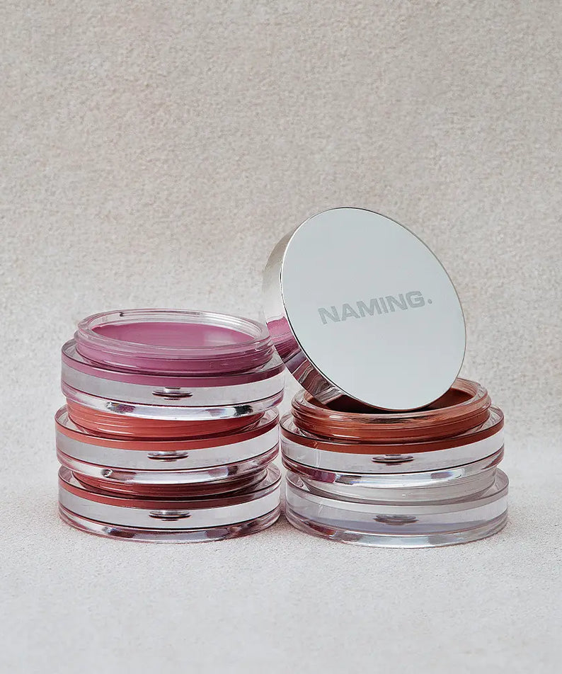 NAMING Softy Cream Blush 5 colors, pots de blush crème rose et nude, marque NAMING, sur fond clair, photo produit