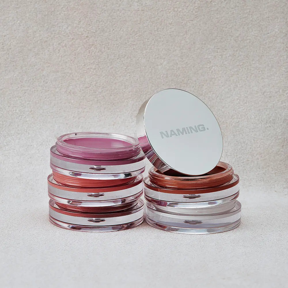NAMING Softy Cream Blush 5 colors, pots de blush crème rose et nude, marque NAMING, sur fond clair, photo produit