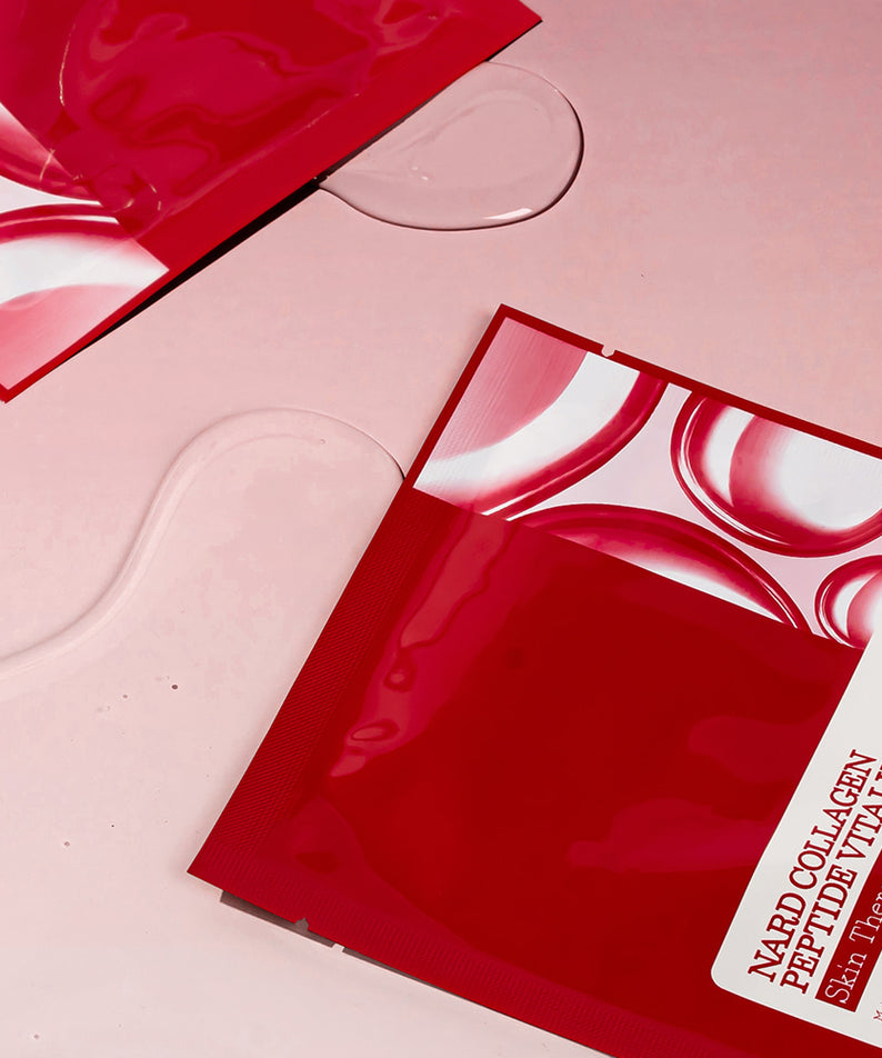 NARD Collagen Peptide Vitality Mask Pack 23ml 30 sheets, masques en feuilles sur fond rose, coffret rouge NARD.
