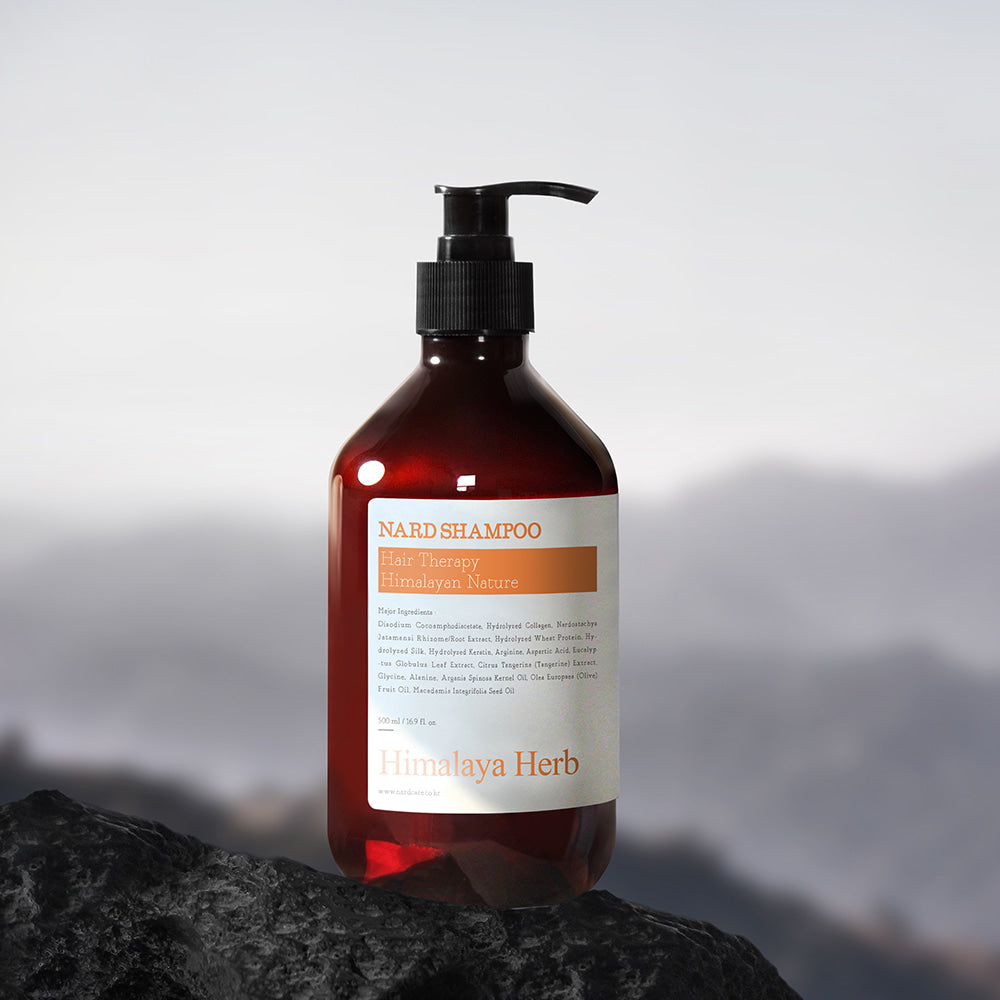 NARD Hair Shampoo 500ml : flacon NARD Himalaya sur roche, toile de fond montagnes, produit en contexte visuel.