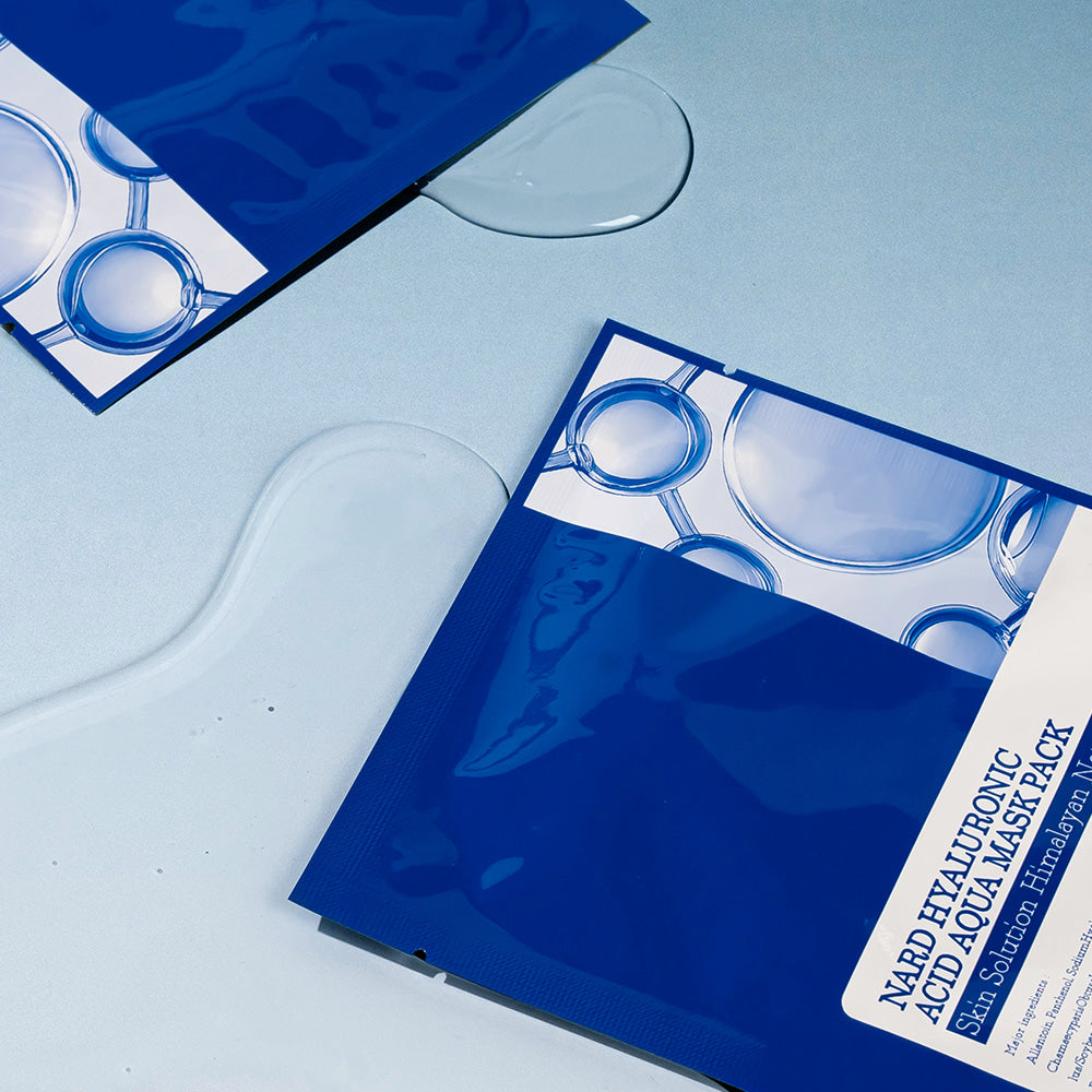 NARD Low Molecular Hyaluronic Acid Moisture Replenishing Mask Pack 23ml 30 sheets, masques bleus sur fond clair