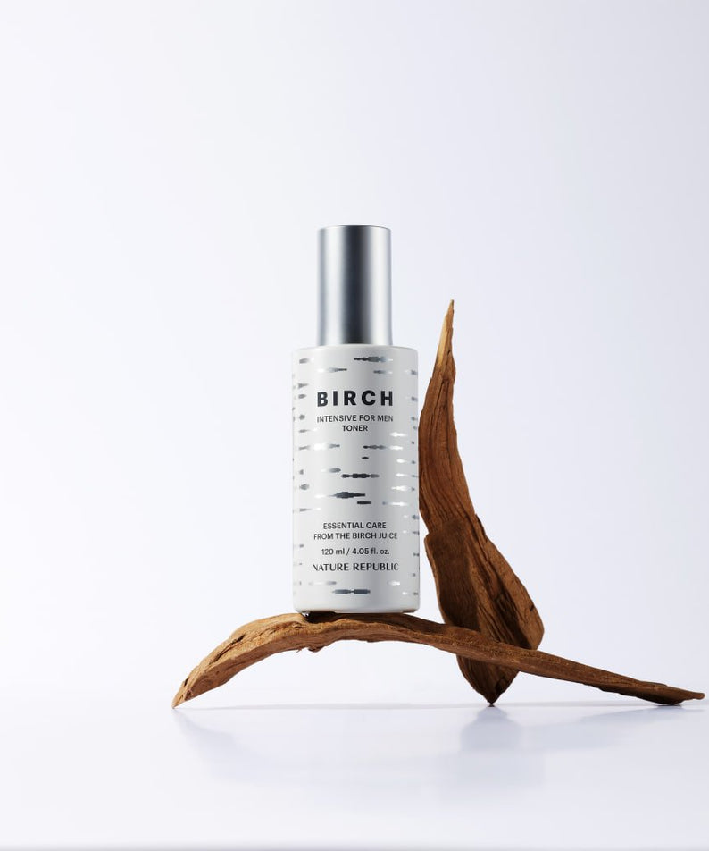 NATURE REPUBLIC Birch Intensive For Men Toner 120ml, produit homme avec ingrédients naturels, design élégant sur fond blanc.