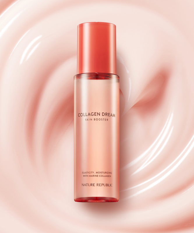 Bouteille de NATURE REPUBLIC Collagen Dream 90 Skin Booster 150ml sur fond crémeux, produit offrant une élasticité et hydratation.