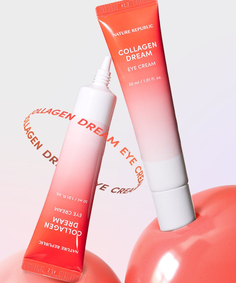 NATURE REPUBLIC Collagen Dream Eye Cream 30ml en tube rose et blanc, hydratant pour le contour des yeux, sur fond minimaliste.