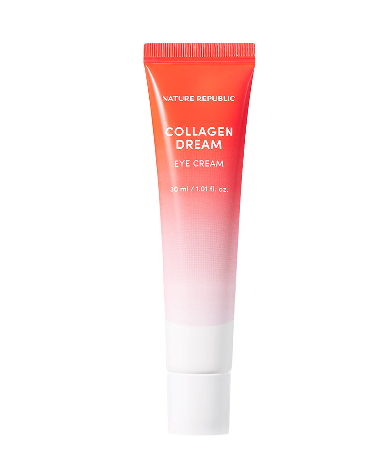 Tube de crème pour les yeux NATURE REPUBLIC Collagen Dream Eye Cream 30ml sur fond blanc.