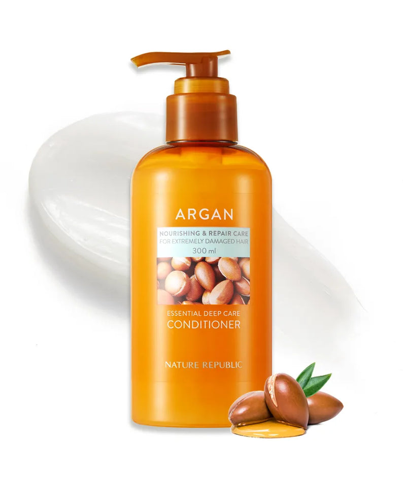 NATURE REPUBLIC Essential Deep Care Conditioner for Damaged Hair 300ml, flacon orange sur fond blanc, contexte argan et soins capillaires