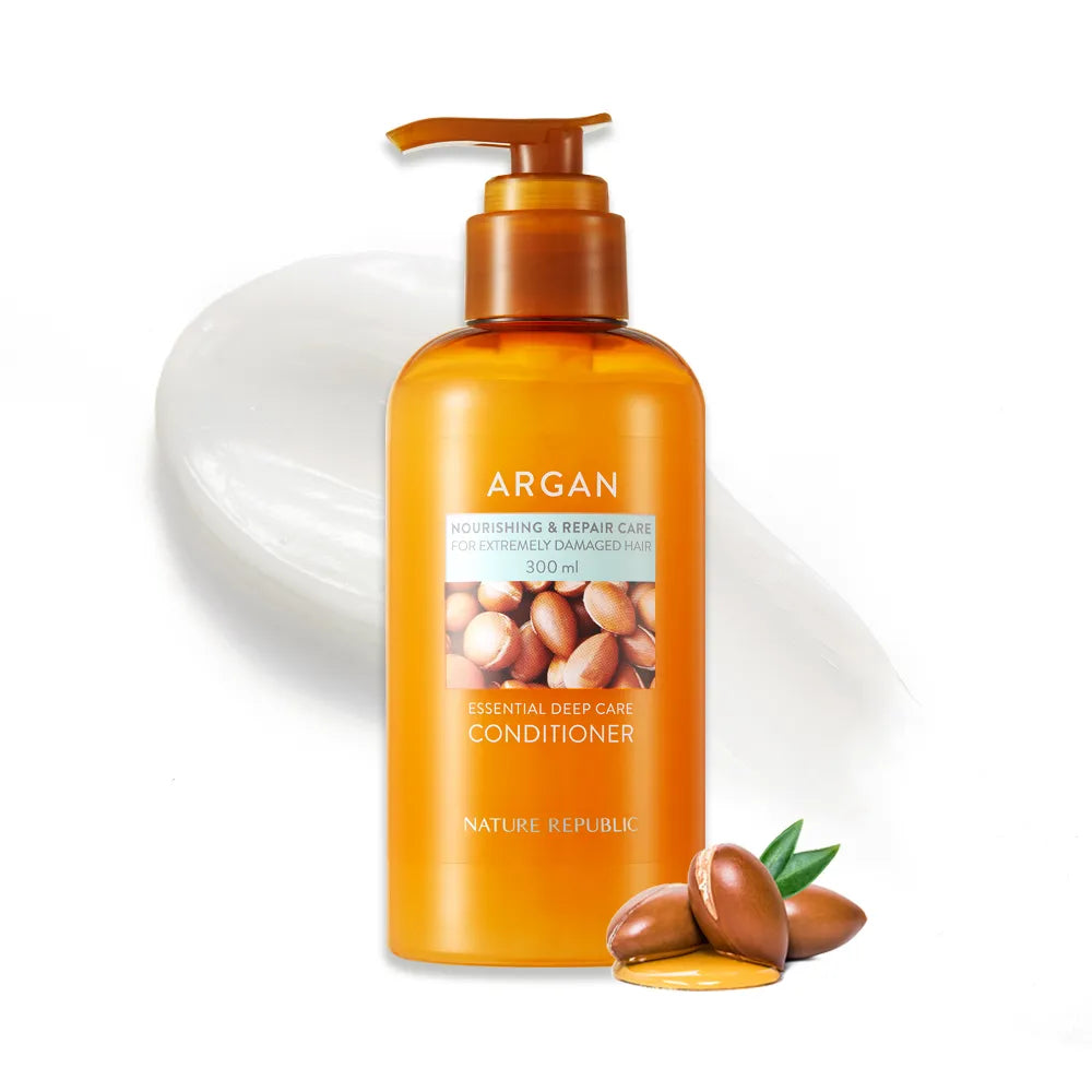 NATURE REPUBLIC Essential Deep Care Conditioner for Damaged Hair 300ml, flacon orange sur fond blanc, contexte argan et soins capillaires