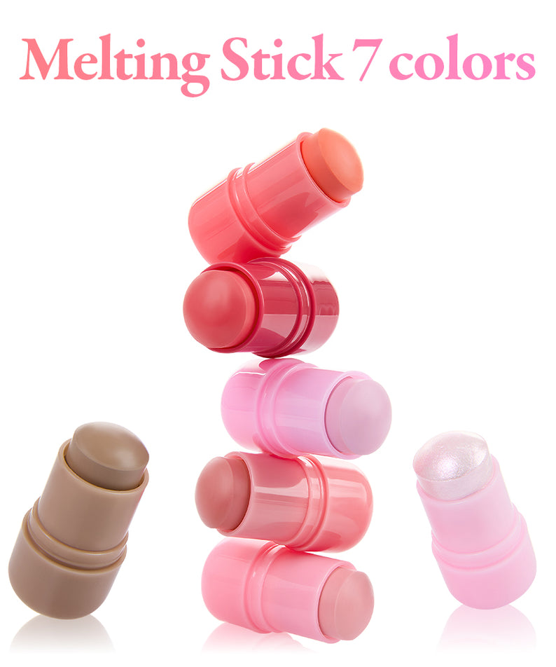 NATURE REPUBLIC Melting Stick (Blusher/Glitter/Shading) : bâtons colorés sur fond blanc, marque Nature Republic, visuel maquillage.