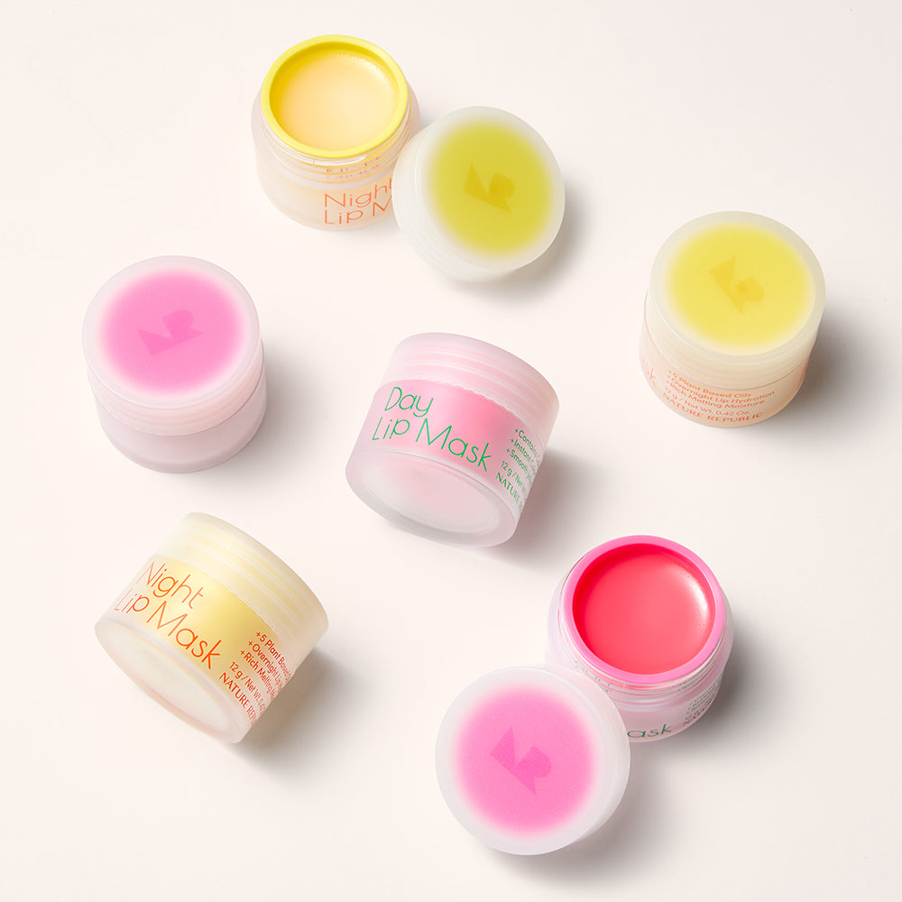 NATURE REPUBLIC Natural Made Lip Mask, pots ouverts sur fond clair, marque et contexte visuel en photo produit.