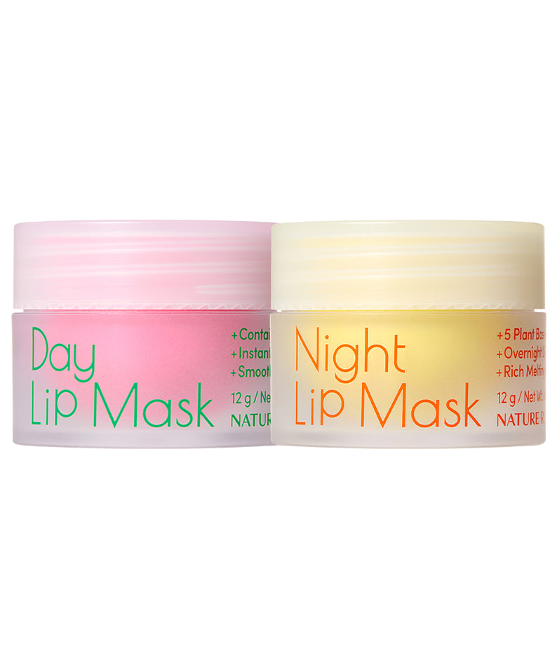 NATURE REPUBLIC Natural Made Lip Mask, pots Day et Night sur fond blanc, marque et masque pour lèvres en visuel.