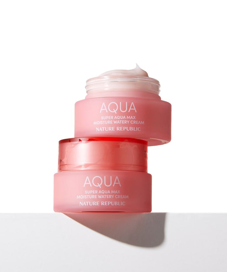 Crème hydratante NATURE REPUBLIC Super Aqua Max Moisture Watery Cream 80ml. Pot rose sur fond blanc.