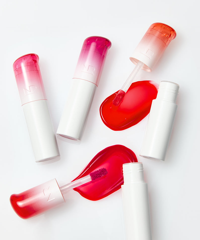 NATURE REPUBLIC Water Melting Adhesive Fixing Tint, tubes rouges et roses sur fond blanc, produits de marque