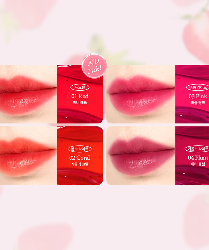 NATURE REPUBLIC Water Melting Adhesive Fixing Tint, tints lèvres sur fond rose, affichage produits de la marque.