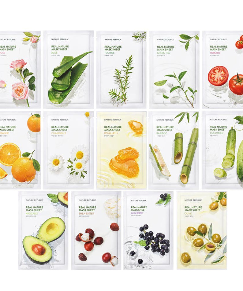 NATURE REPUBLIC Real Nature Mask Sheet : pack de masques en feuilles, marque Nature Republic, fond blanc, ingrédients variés.