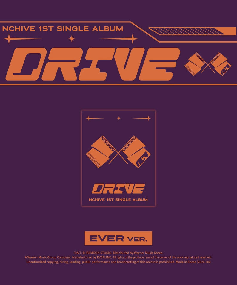 NCHIVE - 1st Single Album [Drive] (EVER MUSIC ALBUM Ver.) - Album Kpop, pochette violet avec logo Drive et détails