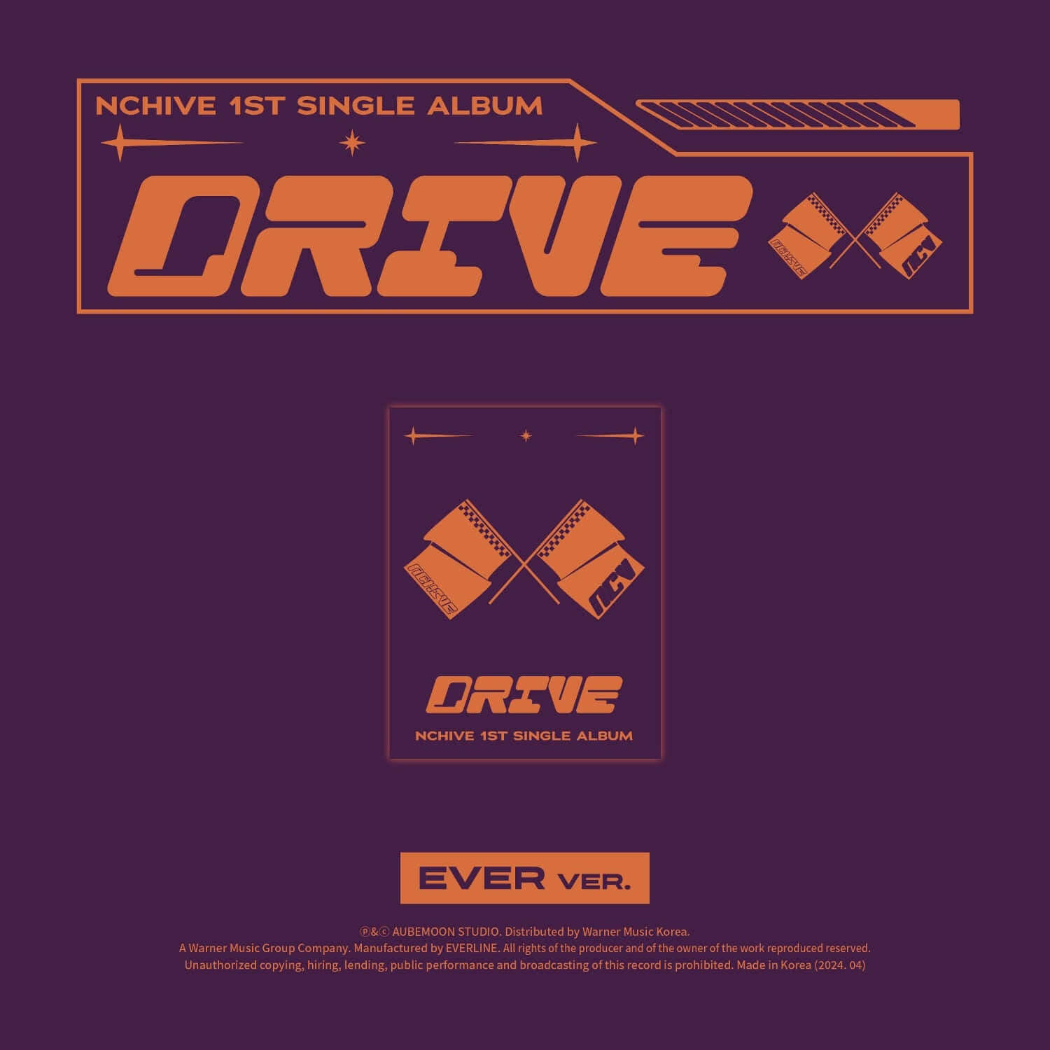 NCHIVE - 1st Single Album [Drive] (EVER MUSIC ALBUM Ver.) - Album Kpop, pochette violet avec logo Drive et détails