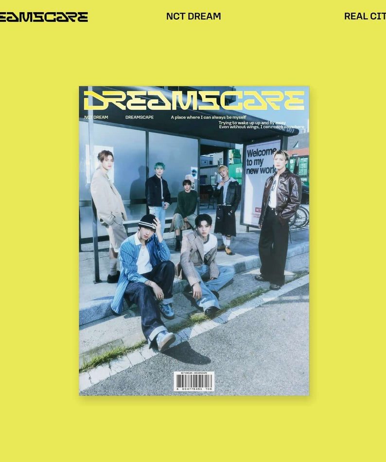 NCT DREAM - [DREAMSCAPE] (REAL CITY Ver.) - Album Kpop : couverture avec membres et décor urbain, marque NCT DREAM.