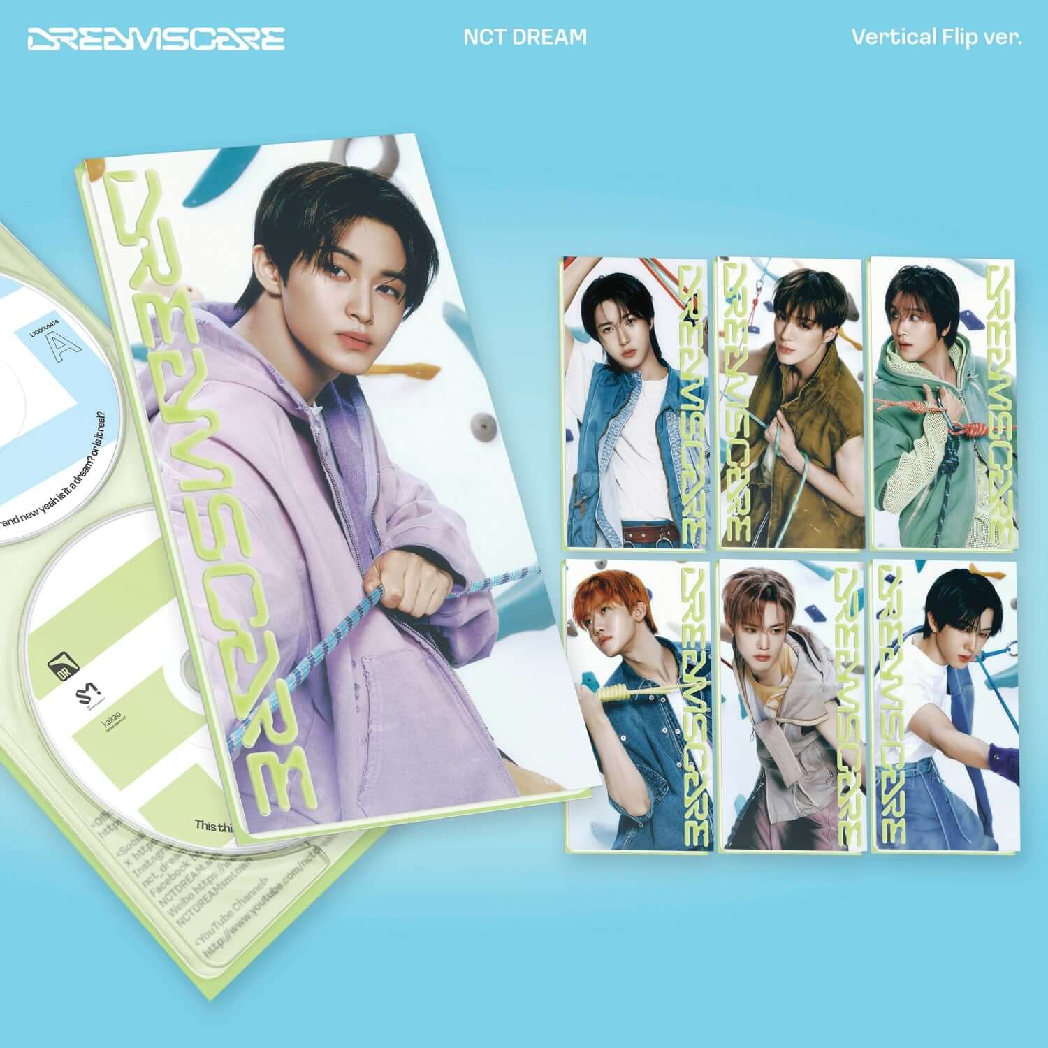 NCT DREAM - [DREAMSCAPE] (Vertical Flip Ver.) (Random 1 of 7) - Album Kpop, visuel bleu, photomontage, membres en tenues street.