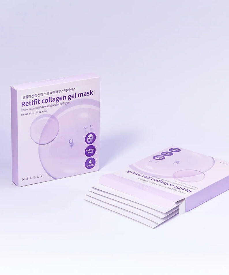 NEEDLY Retifit Collagen Gel Mask (4 sheets) de NEEDLY, boîte et masques en gel mauve sur fond clair.