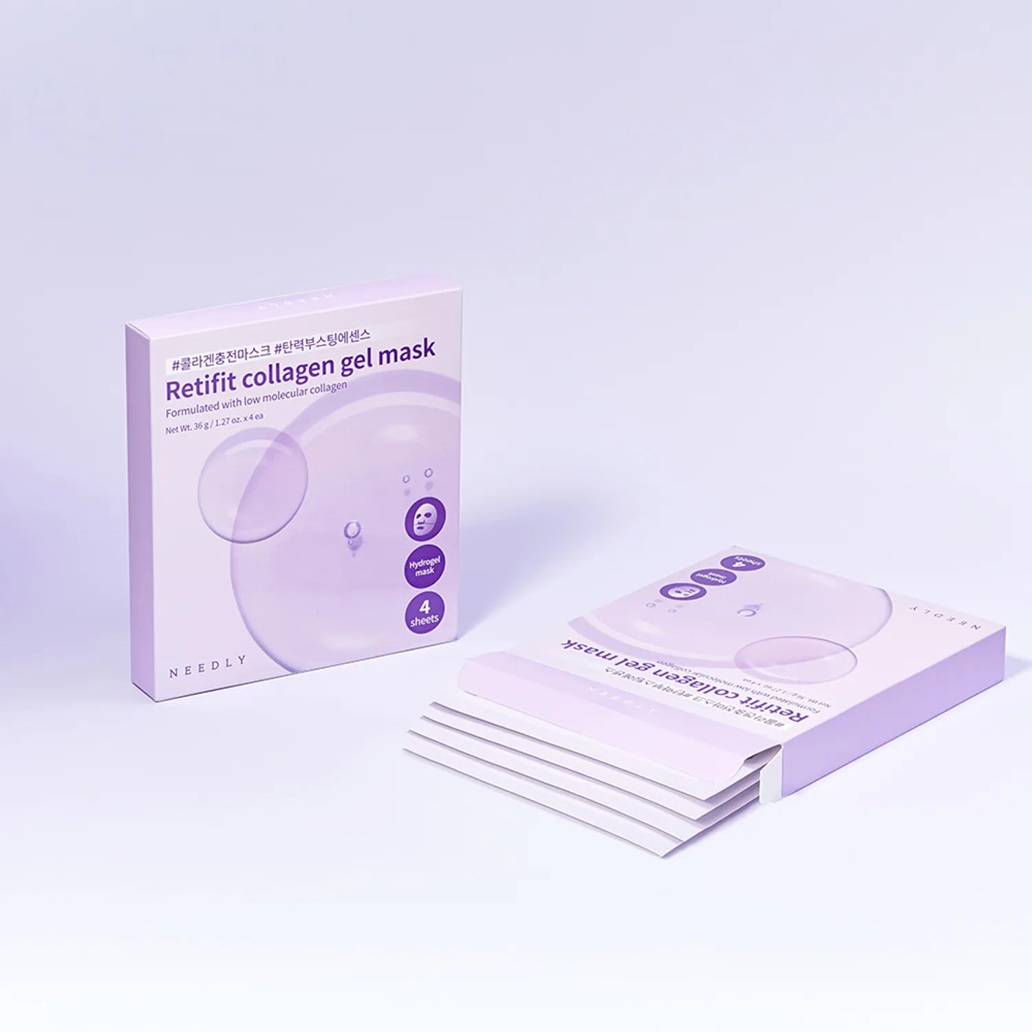 NEEDLY Retifit Collagen Gel Mask (4 sheets) de NEEDLY, boîte et masques en gel mauve sur fond clair.