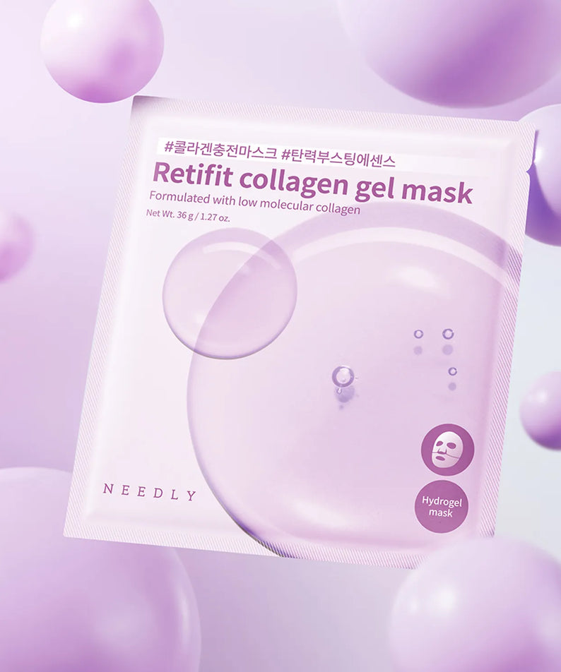 NEEDLY Retifit Collagen Gel Mask (4 sheets) de la marque NEEDLY, masques en sachet violet sur fond floral.