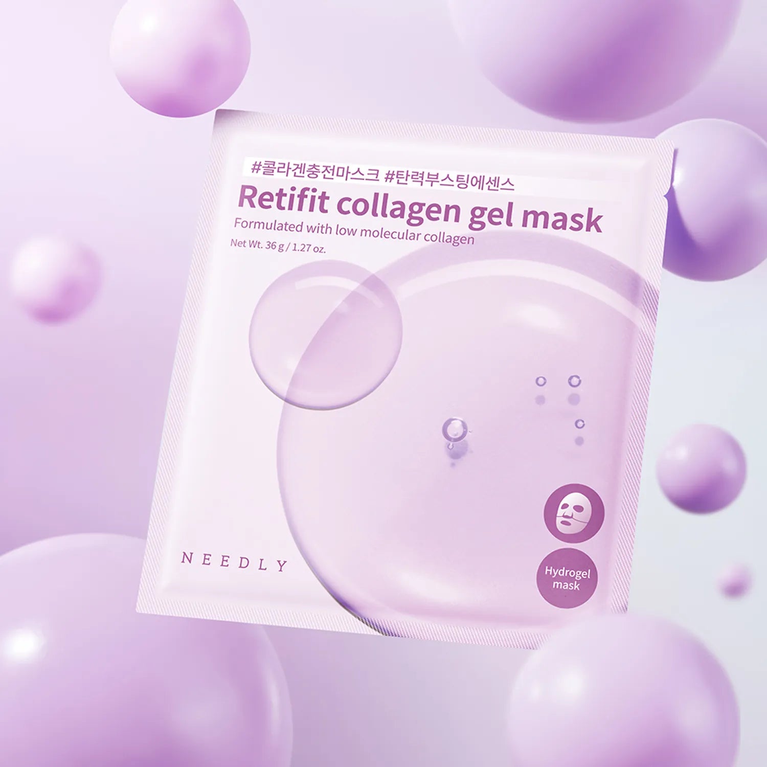 NEEDLY Retifit Collagen Gel Mask (4 sheets) de la marque NEEDLY, masques en sachet violet sur fond floral.