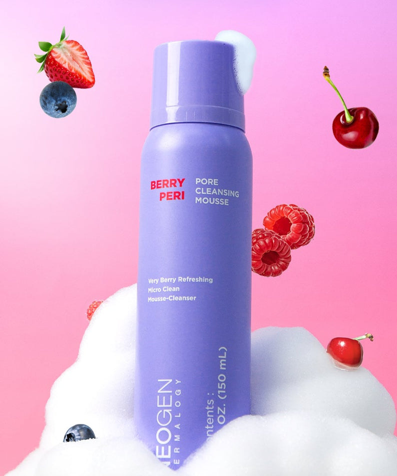 NEOGEN Berry Peri Pore Cleansing Mousse 150ml, mousse nettoyante à la baie sur fond rose avec fruits