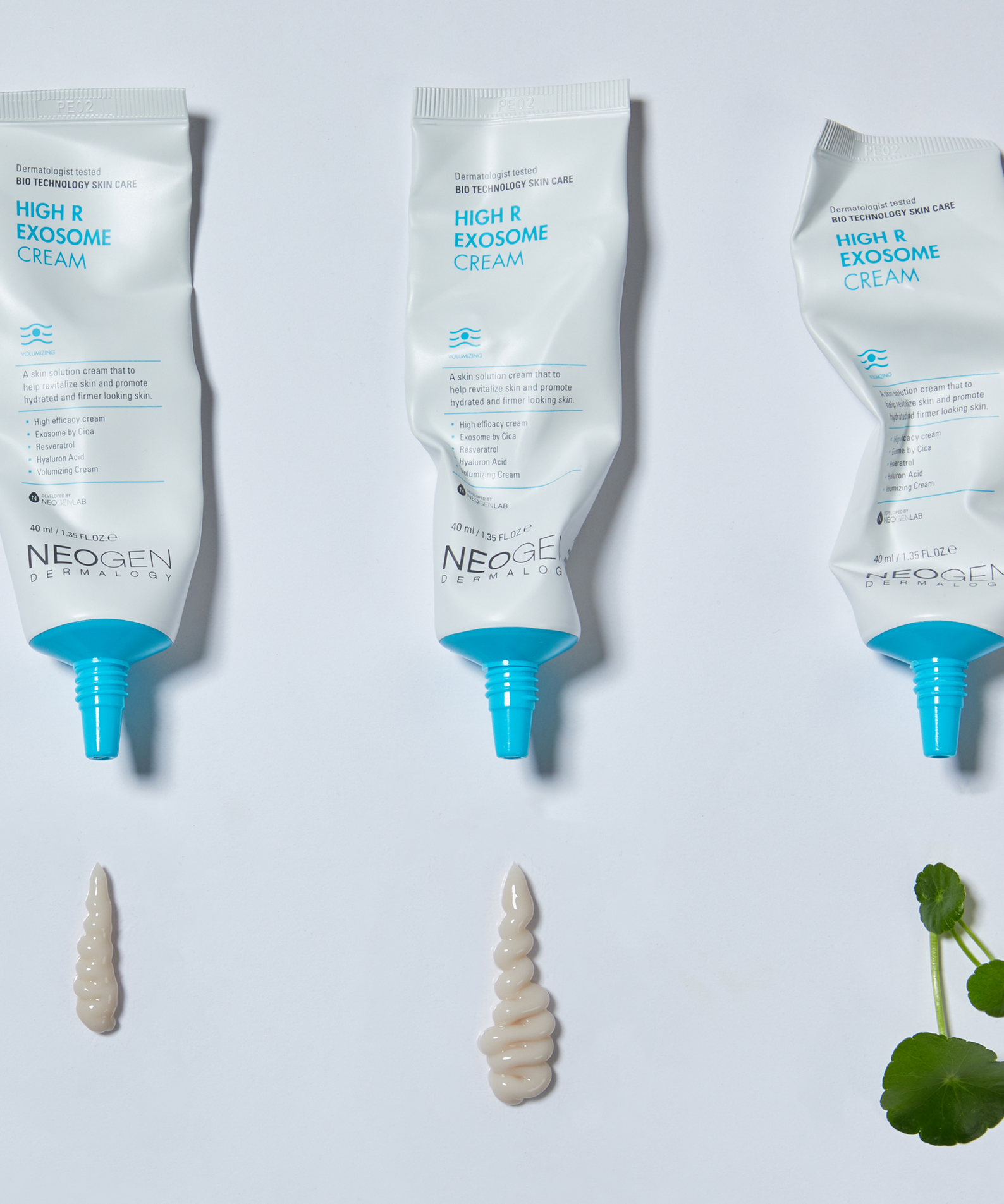 NEOGEN Hyal Exosome Cream 40ml, crèmes de la marque NEOGEN sur fond blanc; textures et ingrédients visuels, photo produit.