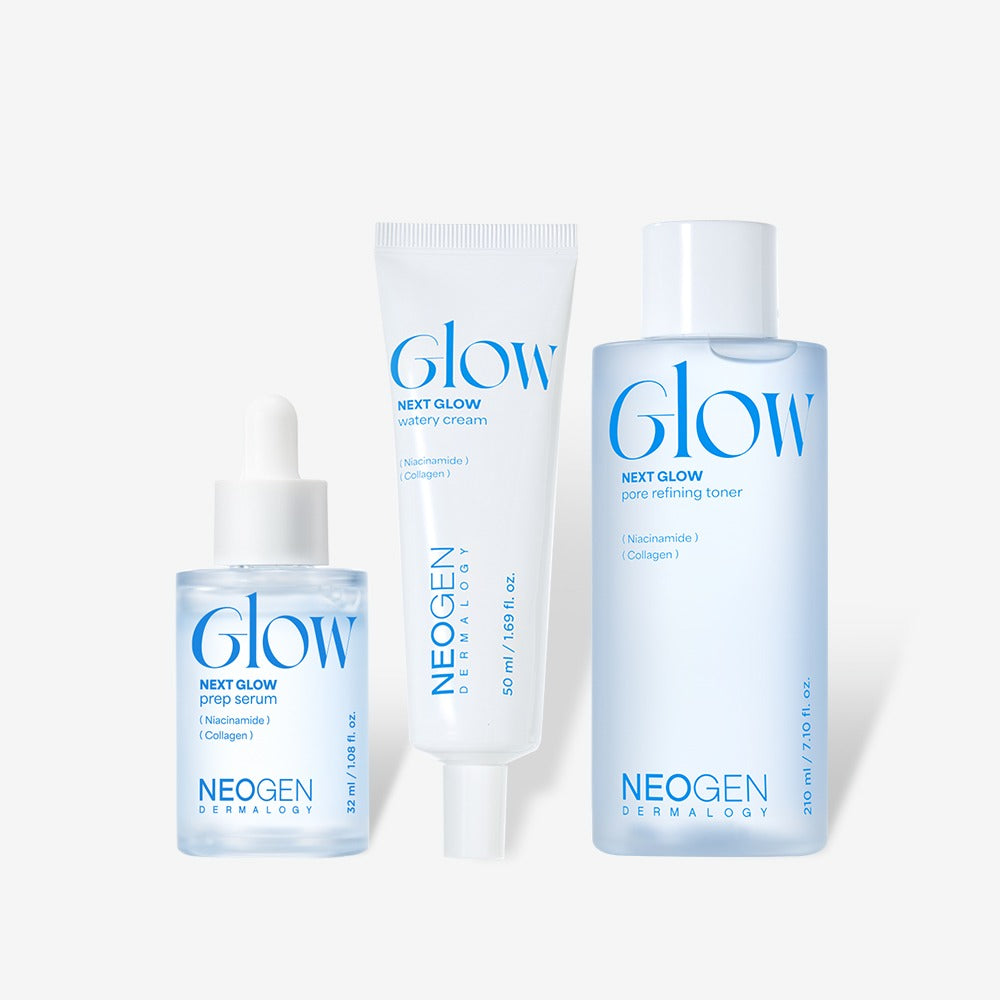Décris l'image en français : NEOGEN Next Glow 3-Piece Det avec prep serum, moisture cream et toner, flacons sur fond clair.
