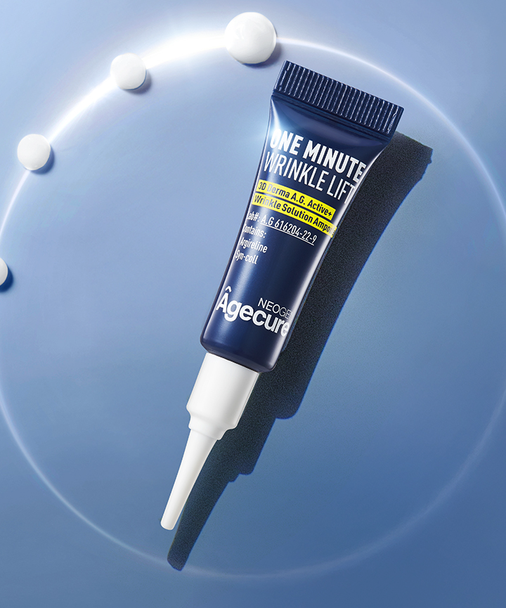 NEOGEN One Minute Wrinkle Lift Cream 3ml*4, tube cosmétique sur fond bleu avec halo lumineux, gouttes et effet anti-rides