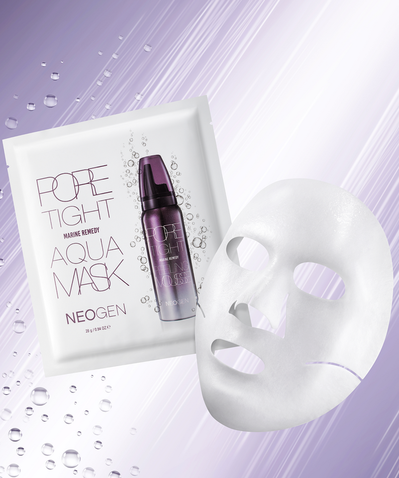 NEOGEN Pore Tite Aqua Mask 5 Pack, masque hydratant de NEOGEN sur fond violet avec masques en feuille et gouttes.