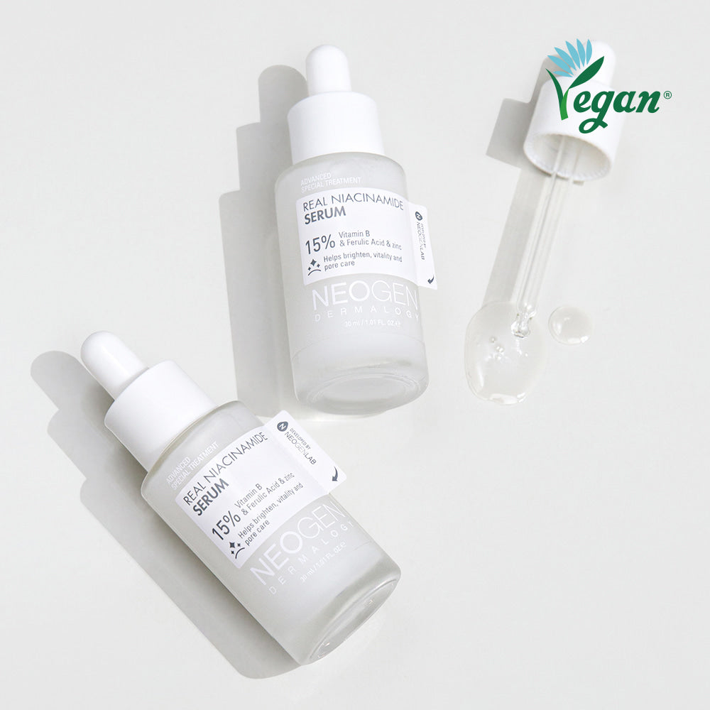 NEOGEN Real Niacinamide 15% Serum 30ml de NEOGEN, flacons et pipettes sur fond blanc, style skincare vegan