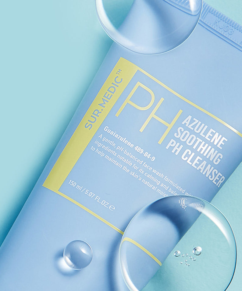 Tube de NEOGEN Azulene Soothing Midly Acidic Cleanser 150ml sur fond bleu avec bulles.