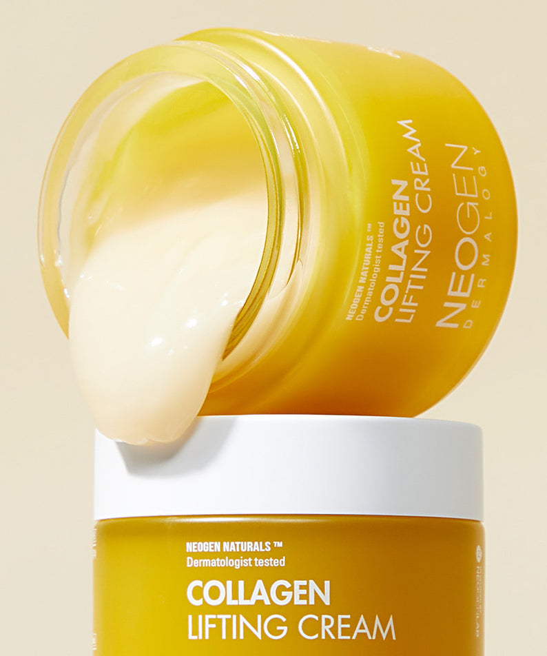Pot de NEOGEN Collagen Lifting Cream 70ml renversé avec crème sortant doucement