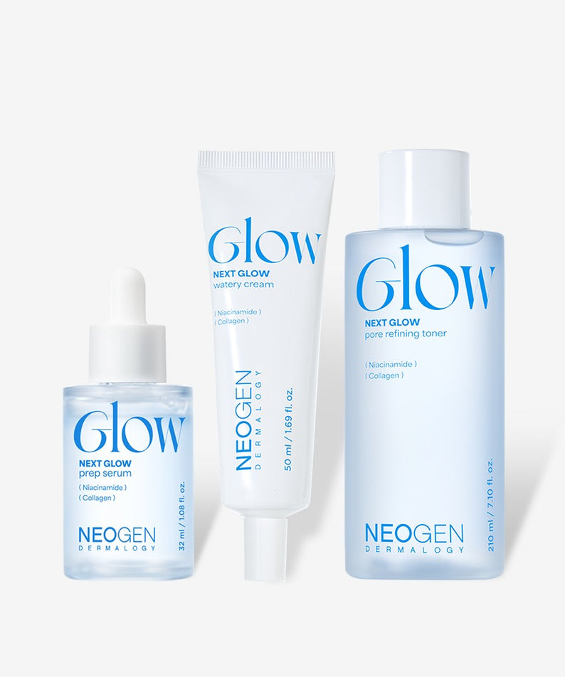 NEOGEN Next Glow 3-piece set (prep serum + moisture cream + pore refining toner) sur fond blanc, image du produit en français.