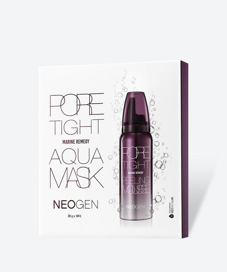NEOGEN Pore Tite Aqua Mask 5 Pack, traitement efficace pour pores, hydratation intense et revitalisation, boîte et flacon en arrière-plan.