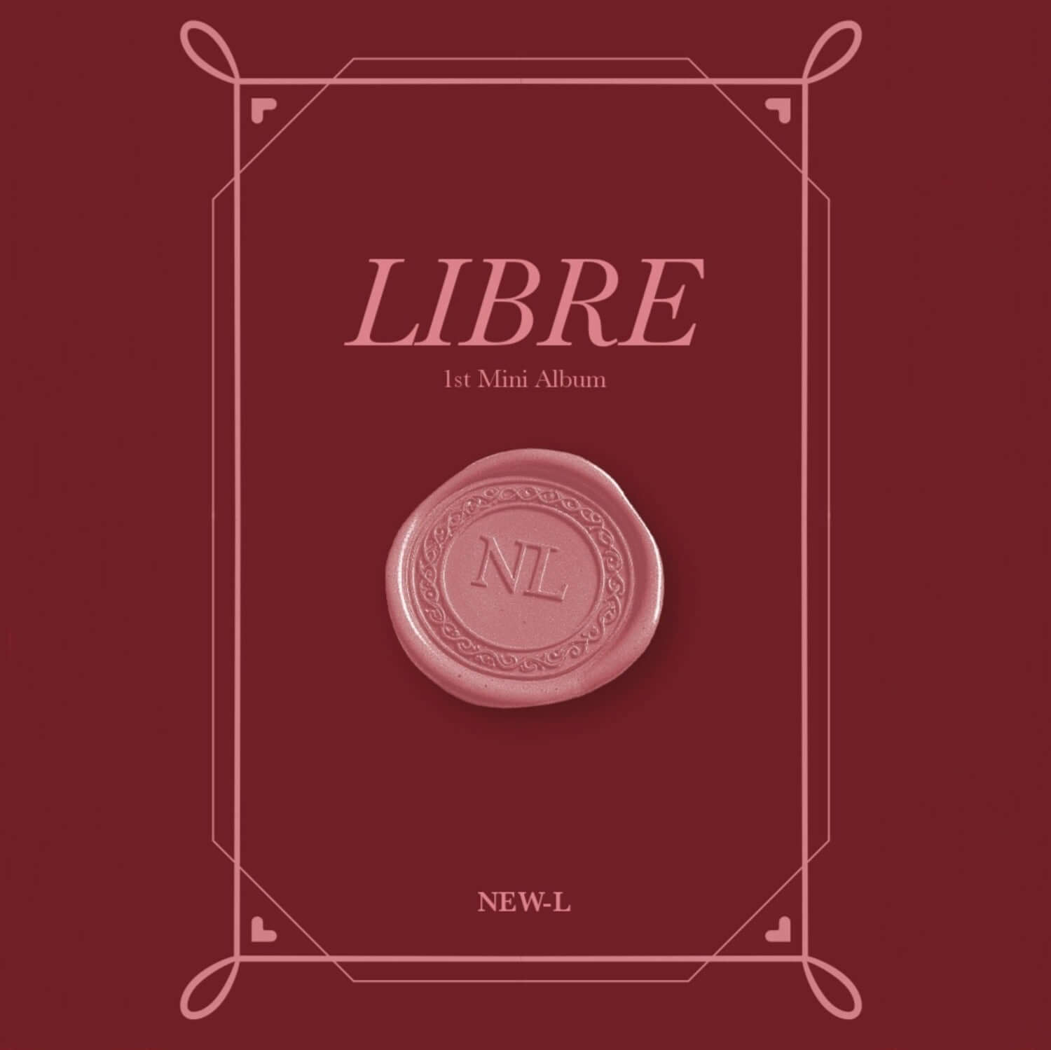 NEW-L - 1st Mini Album [LIBRE] - Album Kpop, visuel couverture bordeaux avec sceau NL, style packaging éditorial.