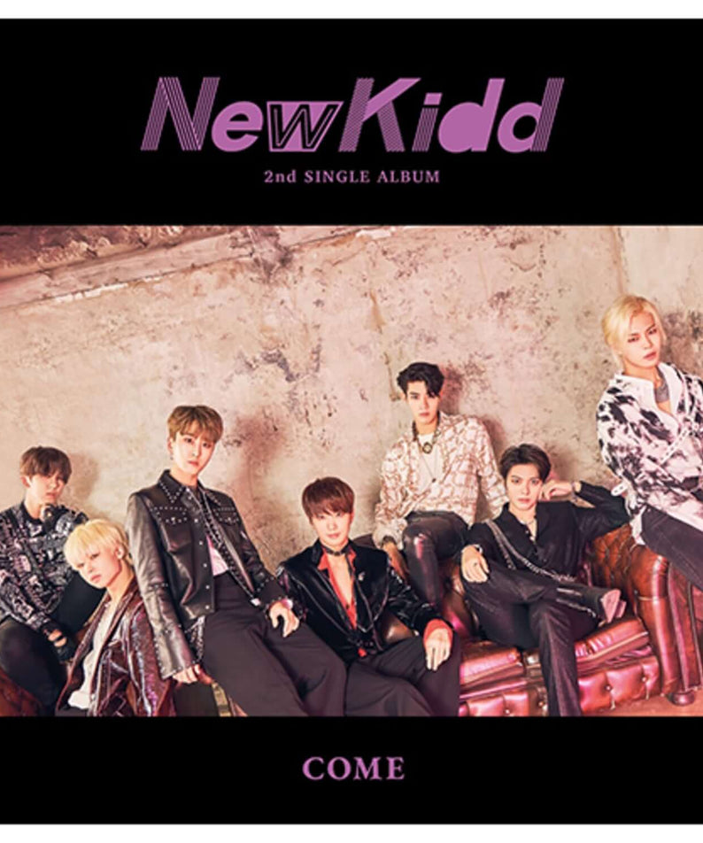 NEWKIDD - 2nd Album [COME] - Album Kpop, couverture avec groupe NewKidd sur fond rocheux, visuel premium noir et violet.