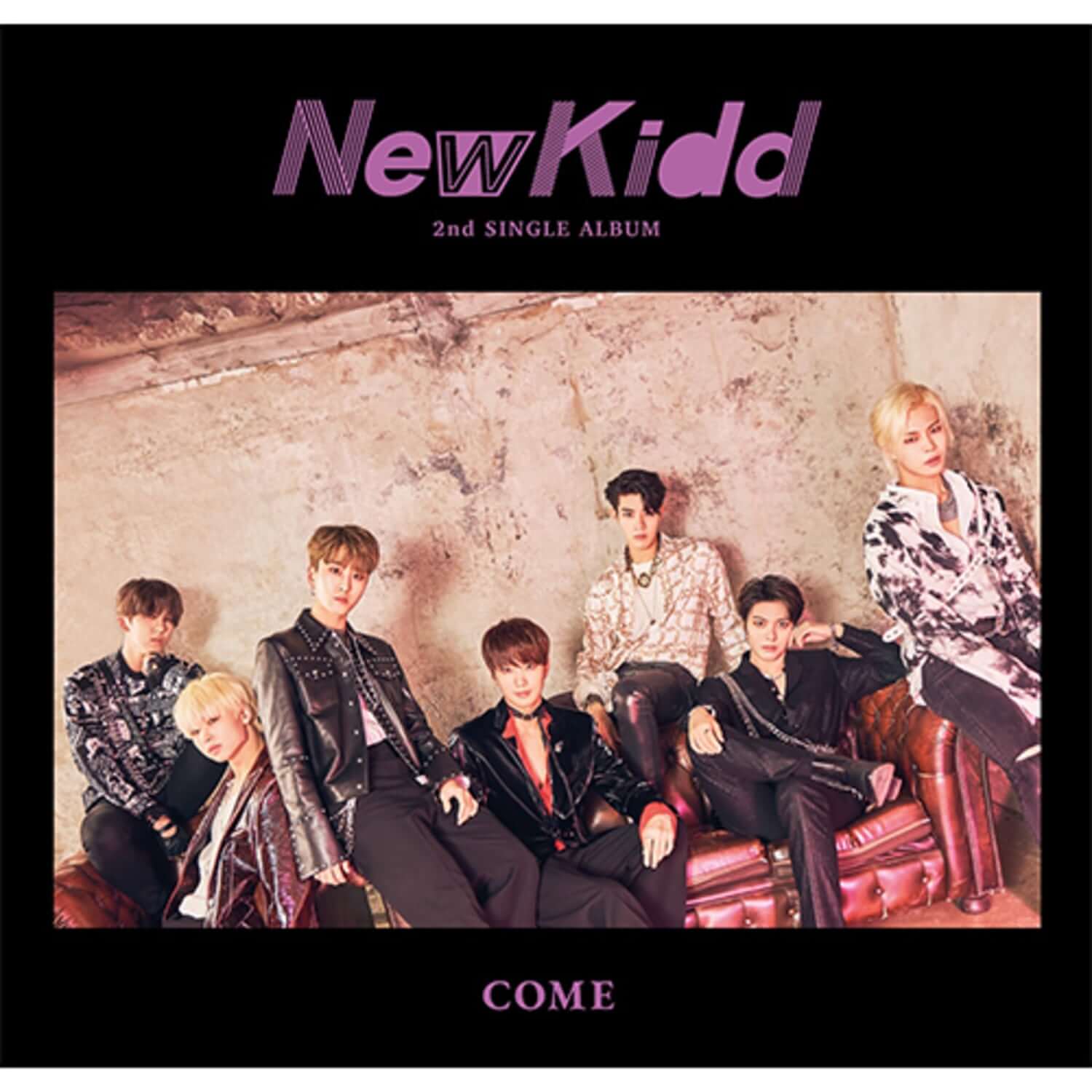 NEWKIDD - 2nd Album [COME] - Album Kpop, couverture avec groupe NewKidd sur fond rocheux, visuel premium noir et violet.