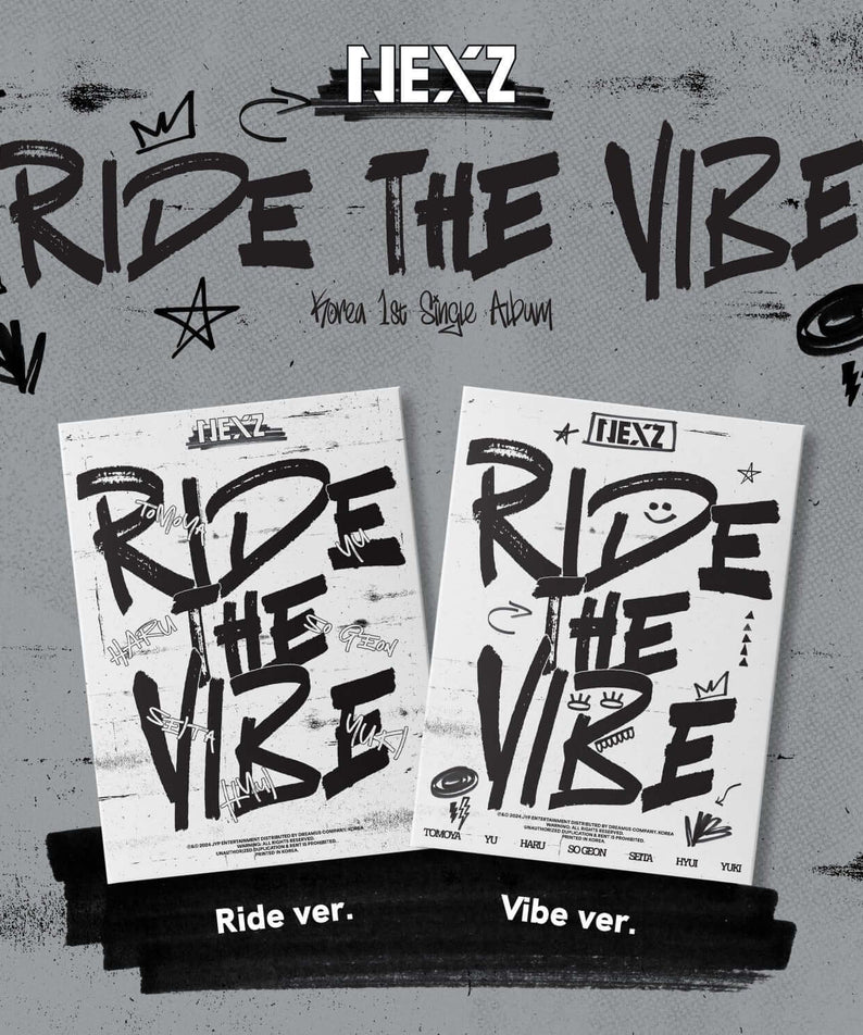 NEXZ - 1st Album Ride the Vibe (Standard) - Album Kpop : couverture sur fond urbain, marque NEXZ, ambiance gribouillis.