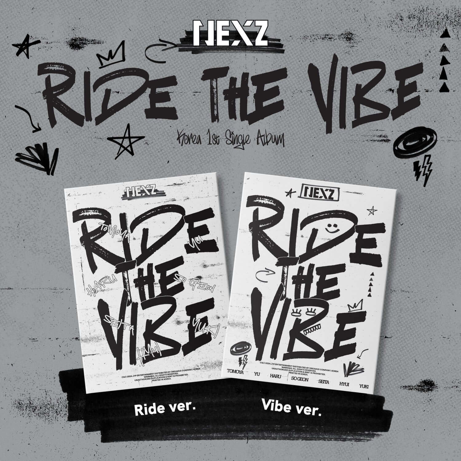 NEXZ - 1st Album Ride the Vibe (Standard) - Album Kpop : couverture sur fond urbain, marque NEXZ, ambiance gribouillis.