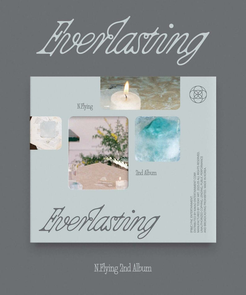 N.FLYING - 2nd Album [Everlasting] (Digipack Ver.) - Album Kpop, jaquette digipack avec bougie et paysages, fond gris.