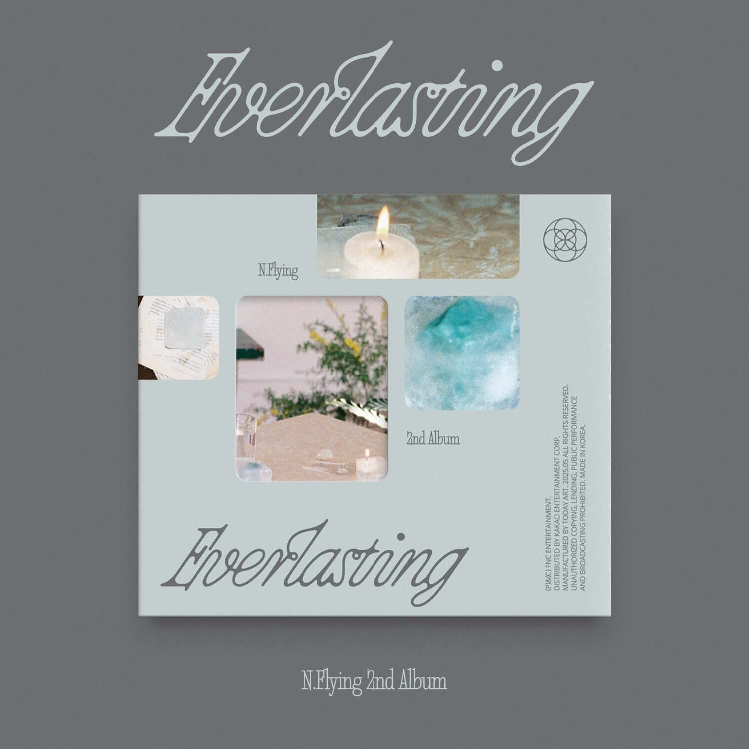 N.FLYING - 2nd Album [Everlasting] (Digipack Ver.) - Album Kpop, jaquette digipack avec bougie et paysages, fond gris.