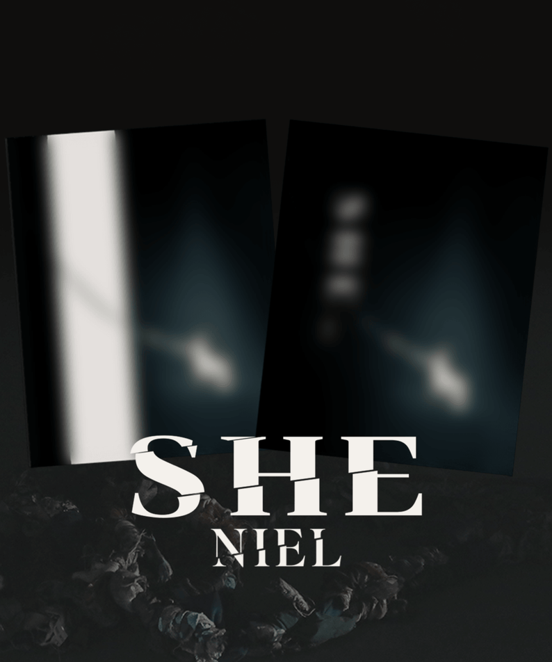 NIEL - The 4th Mini Album [SHE] - Album Kpop, couverture SHE avec visuel sombre et foule, brand NIEL
