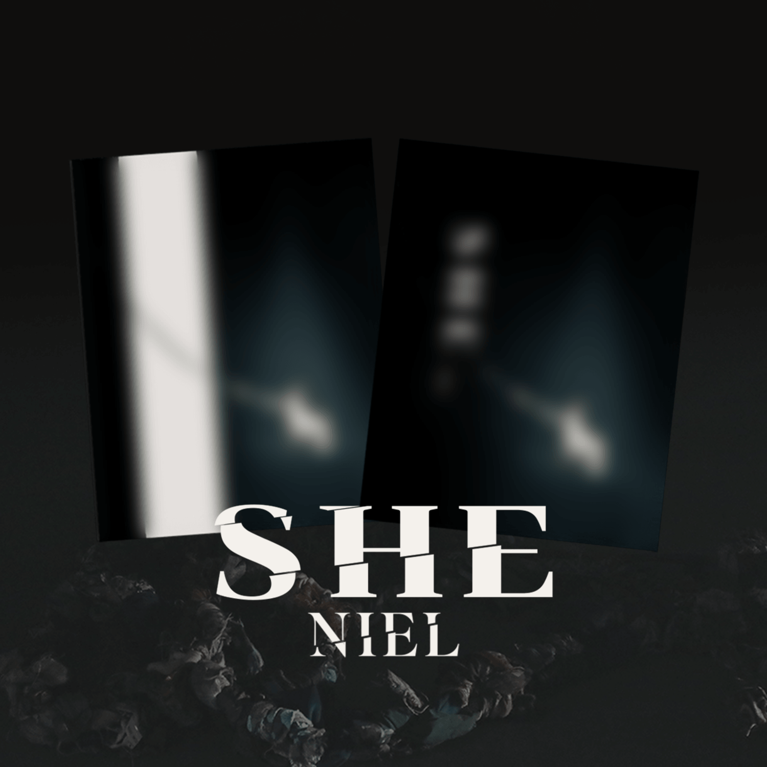 NIEL - The 4th Mini Album [SHE] - Album Kpop, couverture SHE avec visuel sombre et foule, brand NIEL