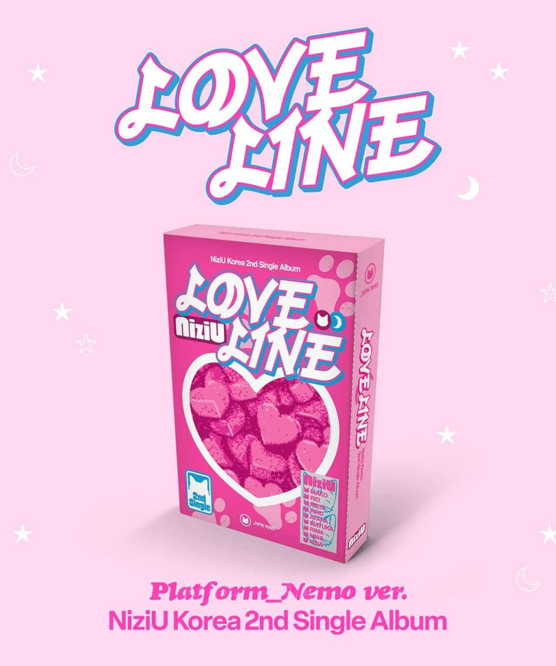 NIZIU - [LOVE LINE] - Album Kpop : couverture rose en forme de cœur sur fond pastel, visuel promo de la marque NIZIU.