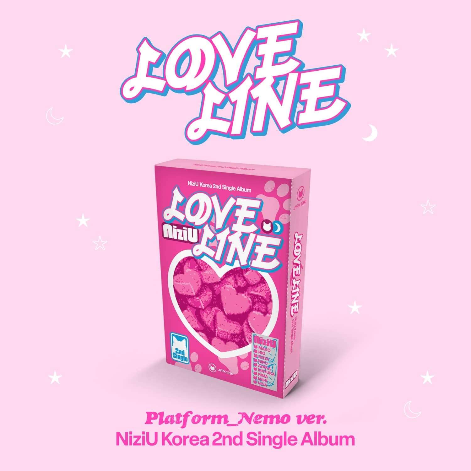 NIZIU - [LOVE LINE] - Album Kpop : couverture rose en forme de cœur sur fond pastel, visuel promo de la marque NIZIU.