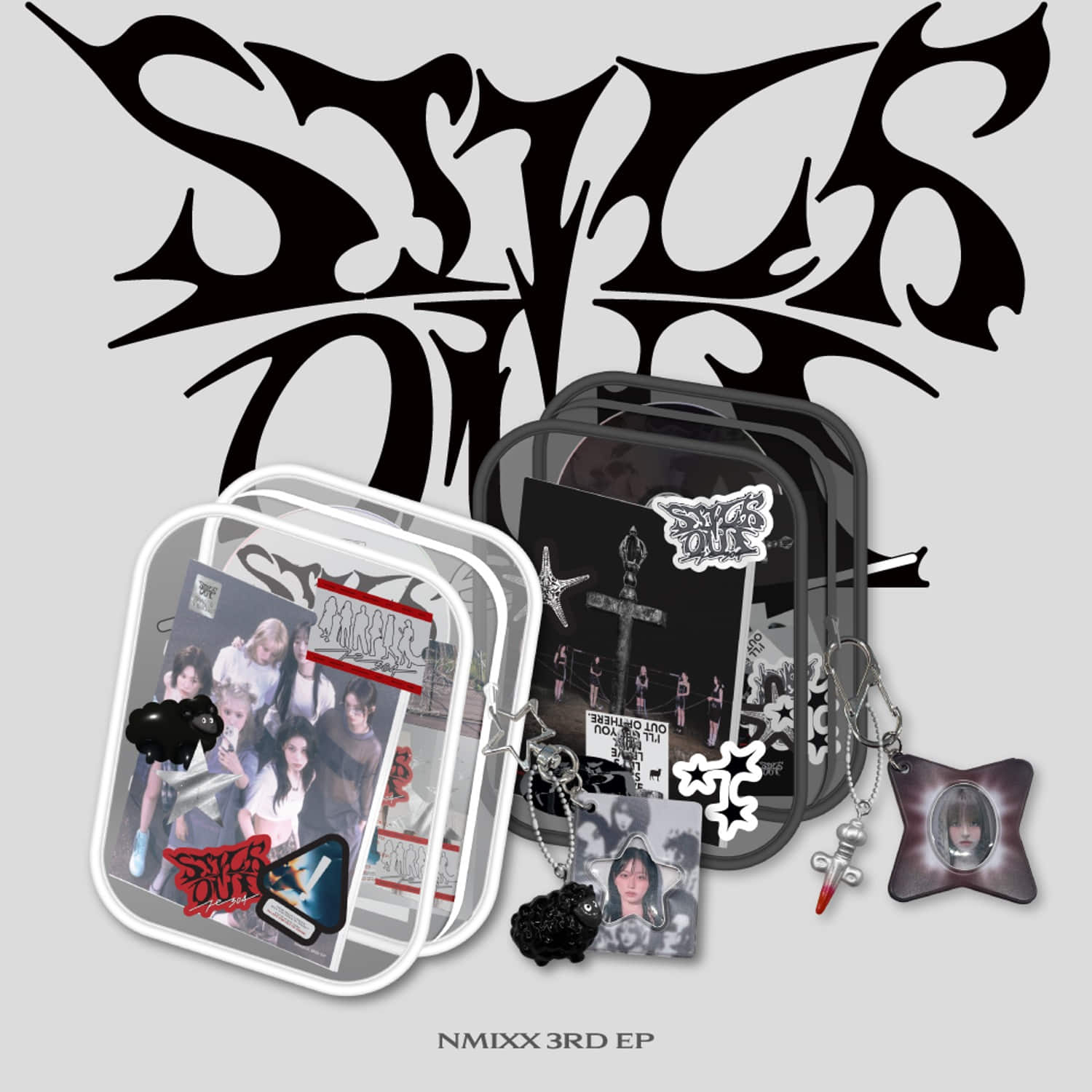 NMIXX - [Fe3O4: STICK OUT] (Limited Ver.) (Random) - Album Kpop, visuel avec pochettes, accessoires et sac, style graphique noir