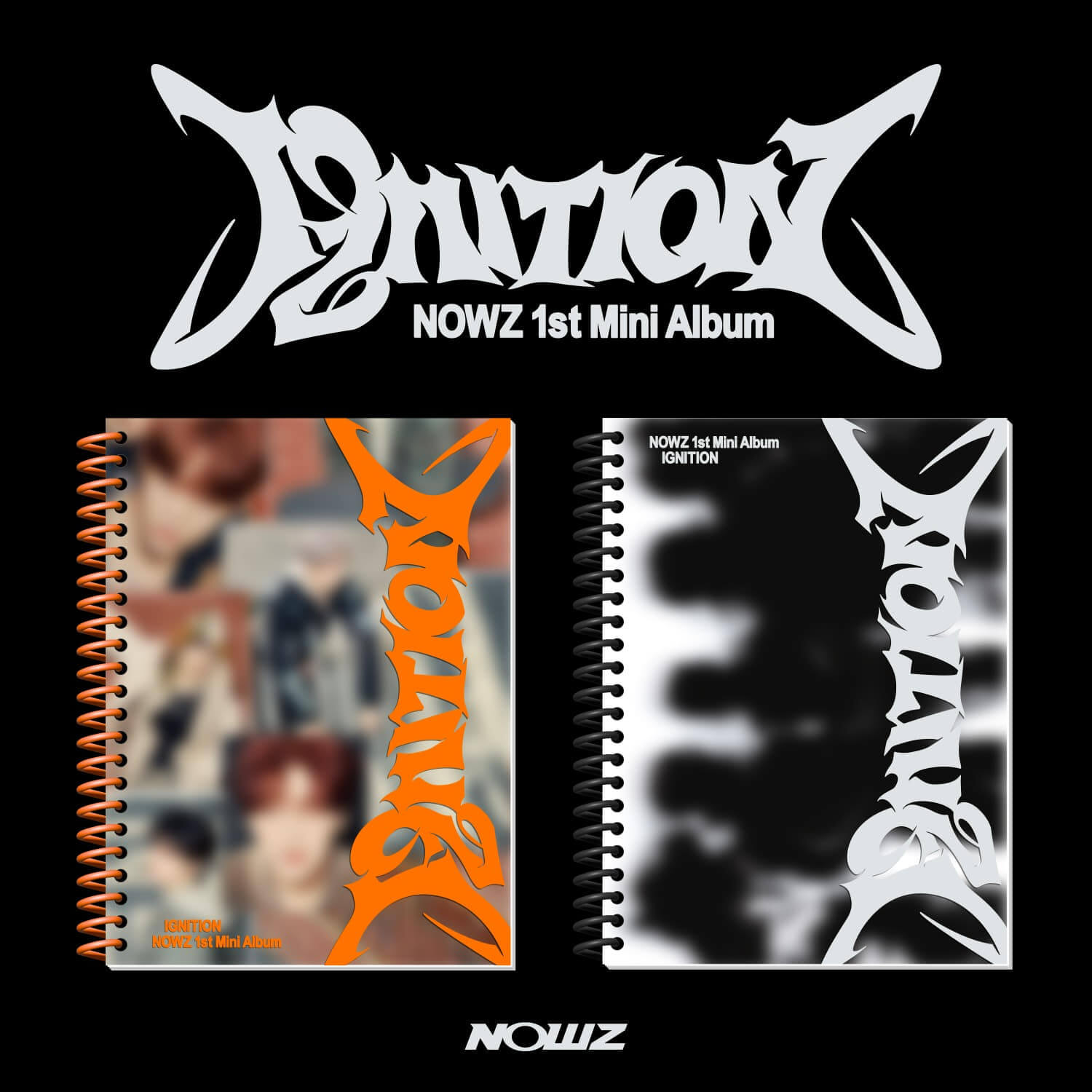 NOWZ - 1st Mini Album [IGNITION] (Random) - Album Kpop : couverture spiralée noire et orange, visuel fan en studio.
